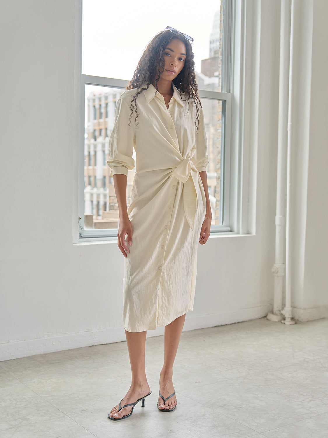Quarter Sleeve Tie Front Maxi Shirt Dress