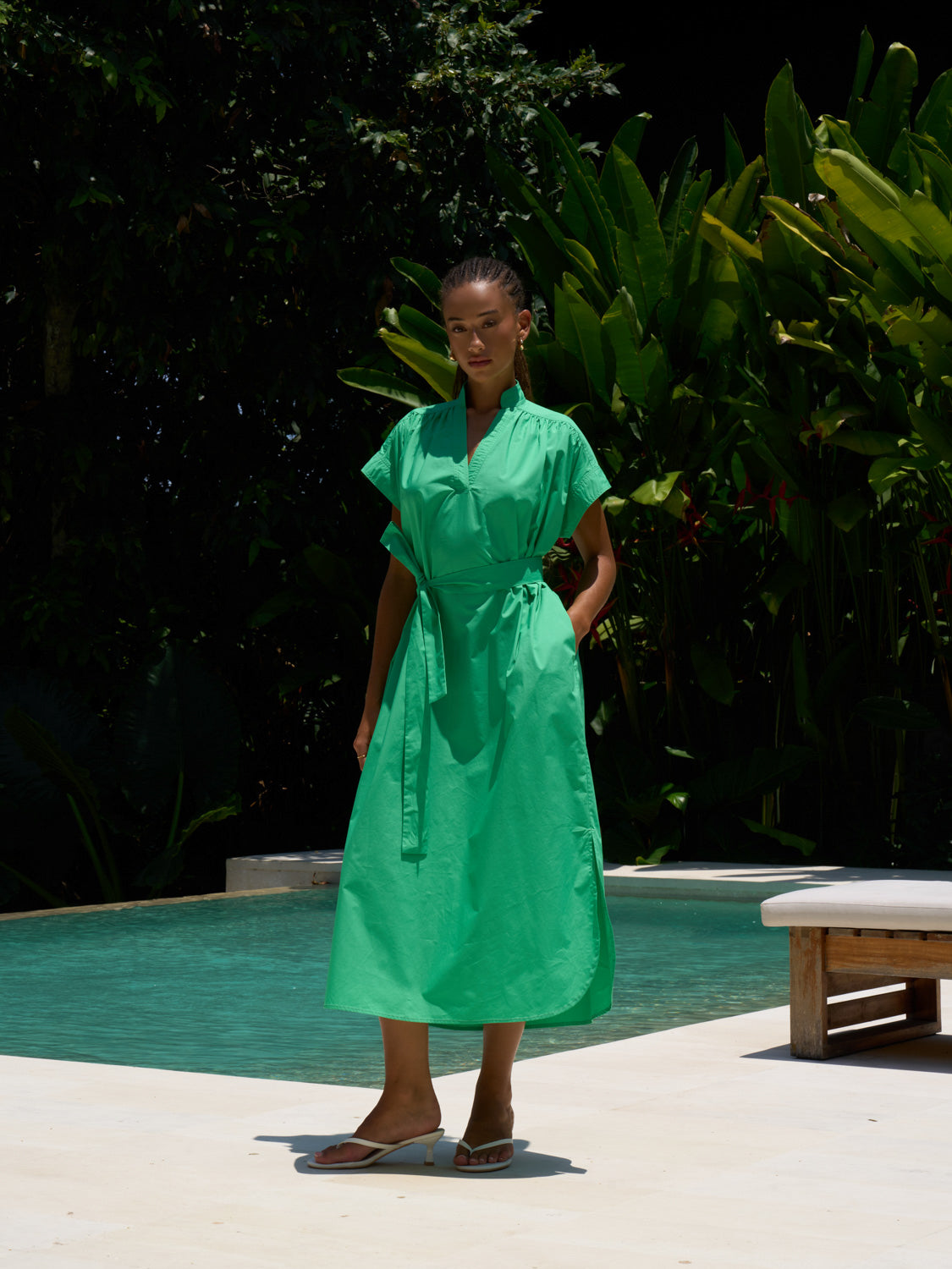 Mandarin V-Neck Kaftan Dress - Gardenia