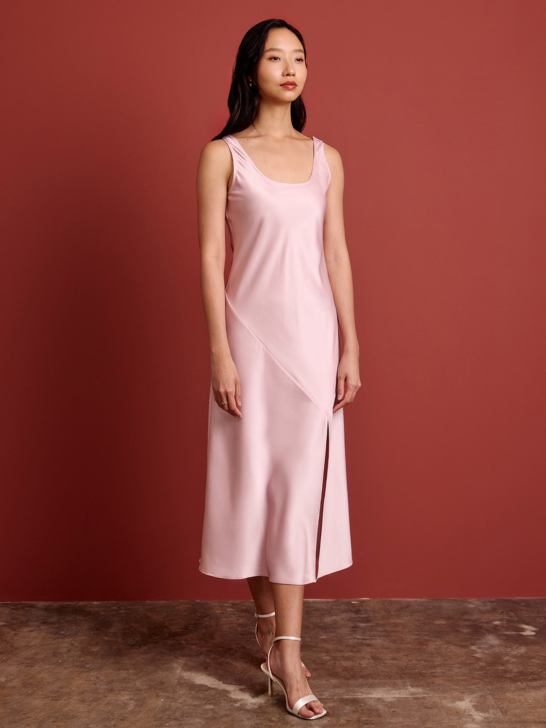 satin bias cut midi dress Button Front Satin Midi Dress, Bias Cut Long Sleeve Dress With Slit, Elegant Evening & Wedding Guest Dress