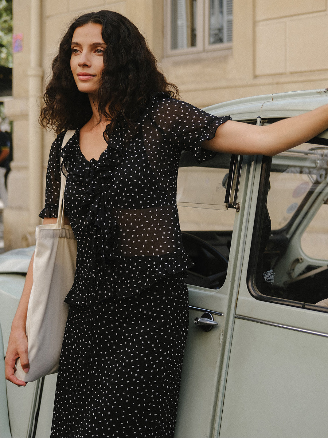 black sheer polka dot